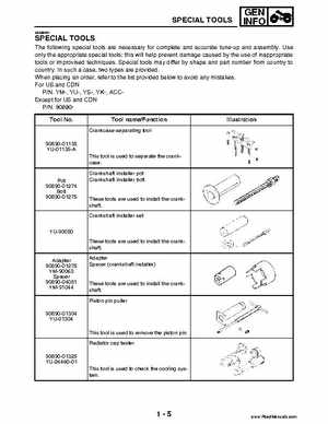 2004 Official factory service manual for Yamaha YFZ450S ATV Quad., Page 20
