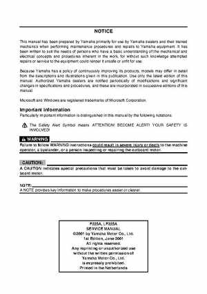 2001 Edition Yamaha F225A and LF225A Outboards Service Manual, Page 2