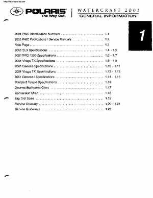 2001 Polaris SLX, PRO 1200, Virage TX, Genesis, Virage TXi, Genesis i Personal Watercraft Service Manual, Page 5
